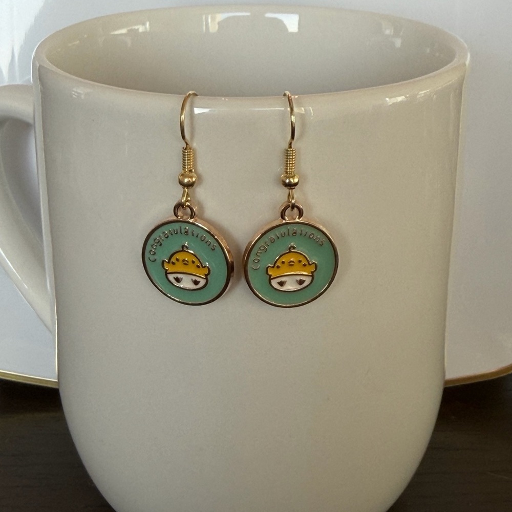 Gold Tone Mint Green 'Congratulations' Charm Drop Earrings